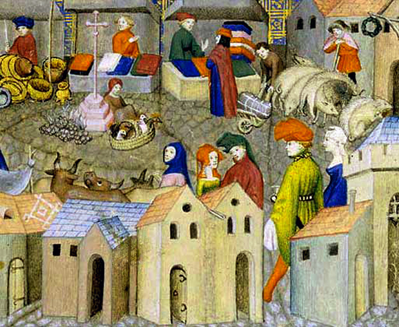 Scène de foire - Miniature extraite d'un manuscrit du Chevalier errant de Thomas III de Saluces