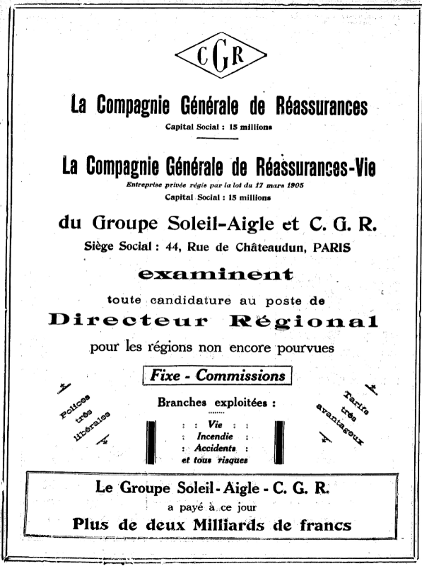 Compagnie générale de réassurance du groupe Soleil Aigle (1934). Source : gallica.bnf.fr/Bibliothèque Nationale de France 