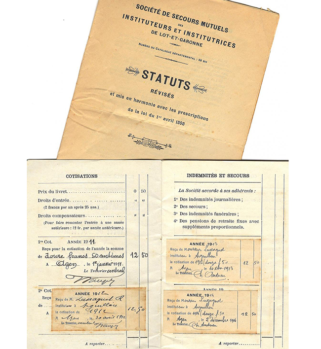 Statuts et livret d'adhérents Société de secours mutuels des instituteurs et institutrices du Lot et Garonne - 1900 