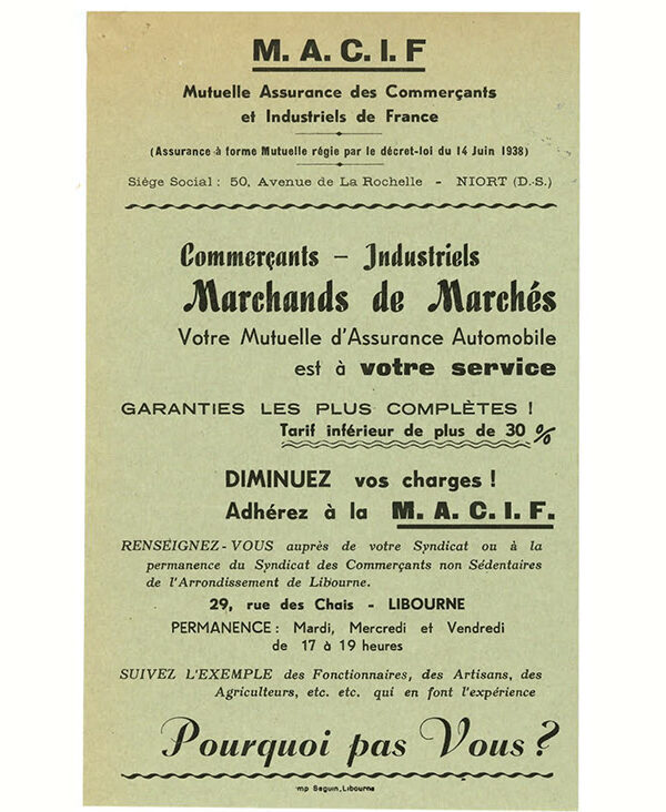 Tract tiré à 2000 exemplaires par le Syndicat des commerçants non sédentaire de l'arrondissement de Libourne - Octobre 1961