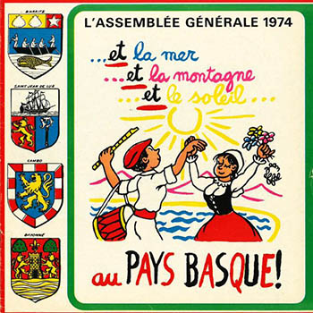 Page de couverture de Bonne route n°22 du 3ème trimestre 1974 représentant des personnages dansants au Pays Basque où se trouve l'Assemblée générale de la Smacif.