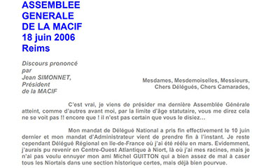 Image d'une partie du discours de Jean Simonnet, président de la Macif lors de l'Assemblée générale du 18 juin 2006 à Reims