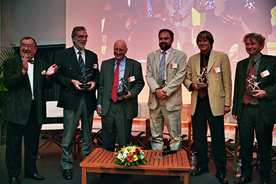 Photo des 20 ans d'échanges avec les confédérations syndicales. De gauche à droite : Jean Simonnet, Jacques Voisin, Jean-Luc Cazettes, François Chérèque, Bernard Thibault et Jean-Claude Mailly.